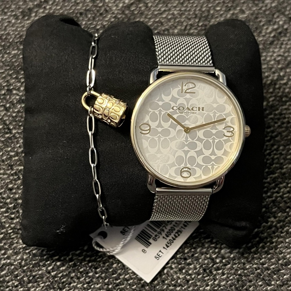 Coach Watch Womens Silver Dial Gold Bezel Mesh Bracelet Set Quartz New W/ Box - Picture 14 of 16